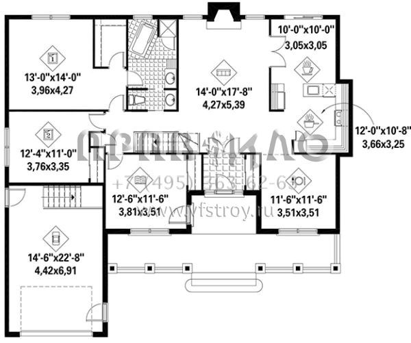Проект одноэтажного дома с гаражом на одну машину в стиле Ранчо S5-150 (6146-00269)