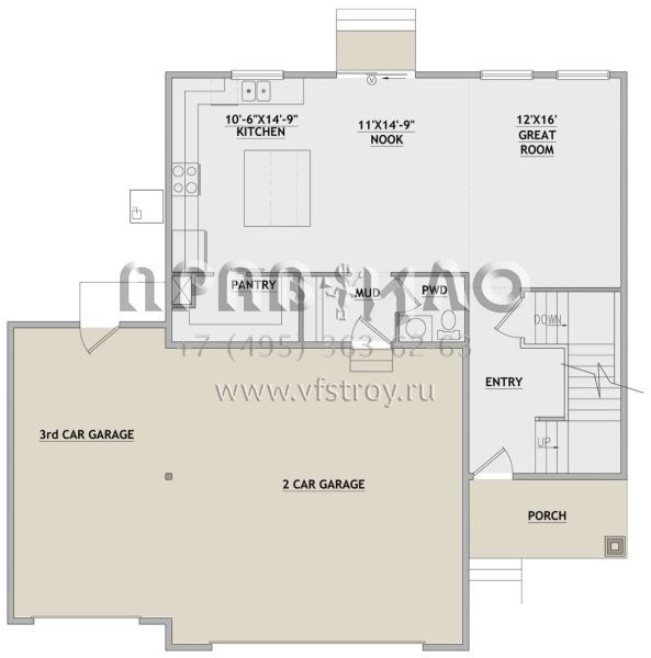 Проект двухэтажного дома с гаражом на три и более машин в стиле Ранчо S5-182 (8768-00094)