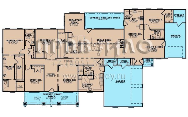 Проект одноэтажного дома с гаражом на три и более машин в американском стиле S5-351 (8318-00218)