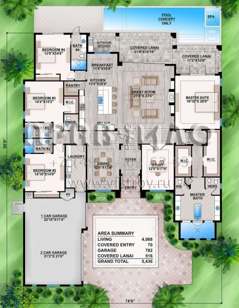 Проект одноэтажного дома с гаражом на три и более машин в прибрежном стиле S5-378 (5565-00026)