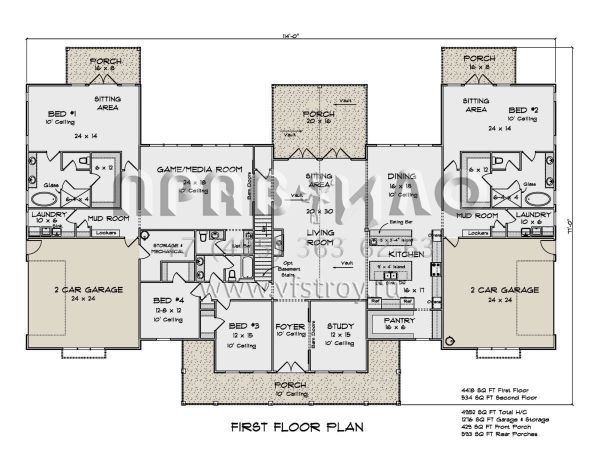 Проект двухэтажного дома с гаражом на три и более машин в стиле Ранчо S5-460 (4848-00393)