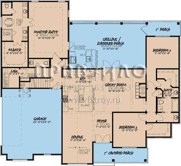 Проект одноэтажного дома с гаражом на две машины в стиле Ранчо S5-204 (8318-00071)
