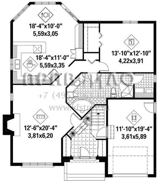 Проект одноэтажного дома с гаражом на одну машину в стиле Ранчо S5-118 (6146-00331)