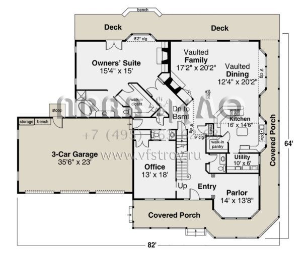 Проект двухэтажного дома с гаражом на три и более машин в стиле Ранчо S5-347 (035-01058)