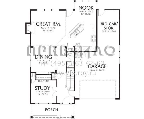 Проект двухэтажного дома с гаражом на три и более машин в стиле Ранчо S5-181 (2559-00253)