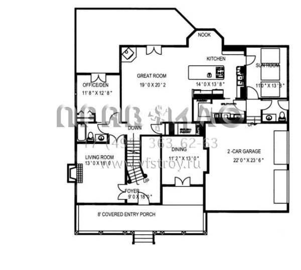 Проект двухэтажного дома с гаражом на три и более машин в стиле Ранчо S5-365 (039-00515)