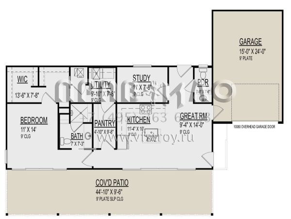 Проект одноэтажного дома с гаражом на одну машину в стиле Ранчо S5-96 (9300-00033)