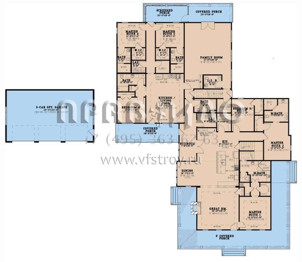 Проект одноэтажного дома с гаражом на три и более машин в стиле Ранчо S5-436 (8318-00248)