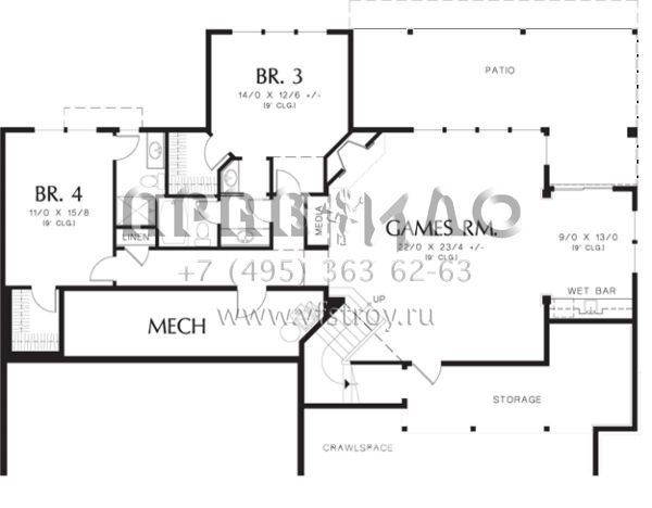 Проект одноэтажного дома с гаражом на три и более машин в стиле Райт S5-342 (2559-00165)