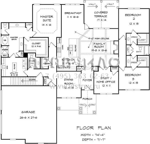 Проект одноэтажного дома с гаражом на две машины в стиле Ранчо S5-254 (6082-00132)