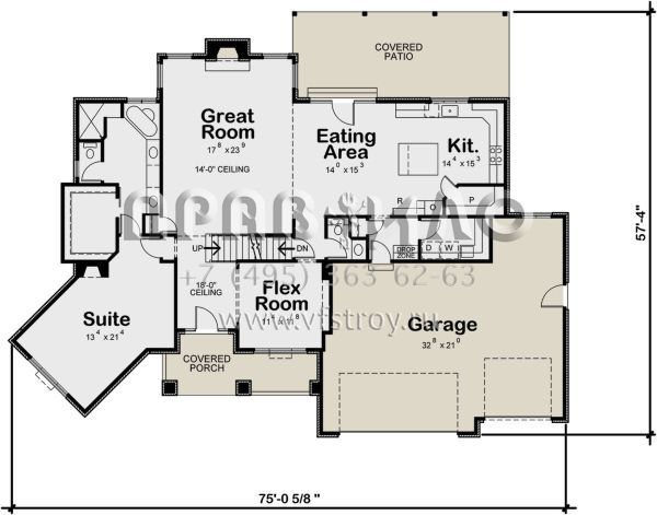 Проект двухэтажного дома с гаражом на три и более машин в стиле Ранчо S5-263 (402-01784)