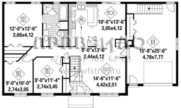 Проект одноэтажного дома с гаражом на одну машину в стиле Ранчо S5-111 (6146-00275)
