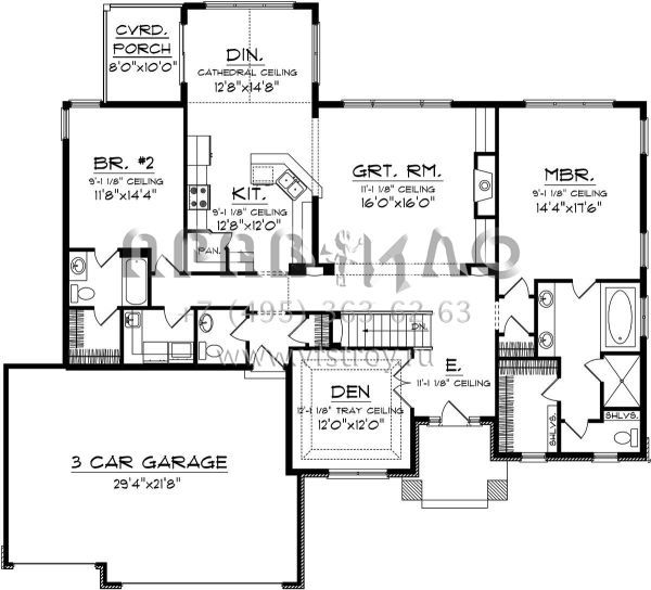 Проект одноэтажного дома с гаражом на три и более машин в стиле Ранчо S5-190 (1020-00263)