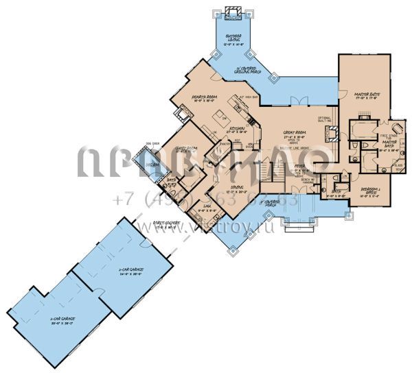 Проект двухэтажного дома с гаражом на три и более машин в стиле Ранчо S5-427 (8318-00036)