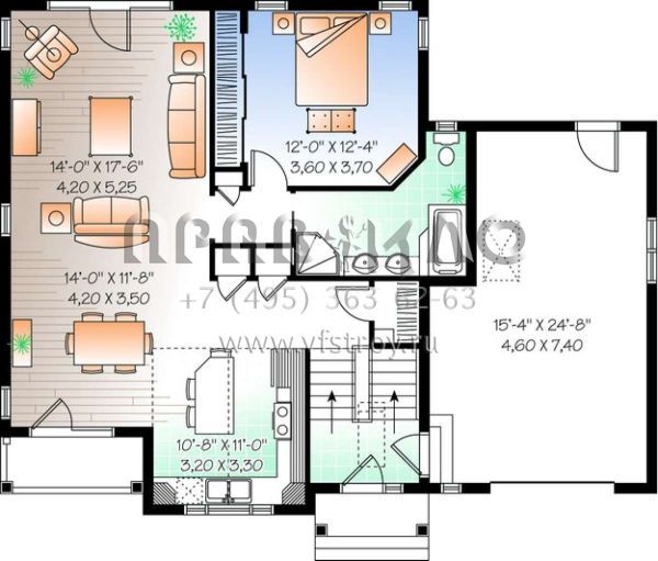 Проект двухэтажного дома с гаражом на одну машину в стиле Ранчо S5-194 (034-00744)