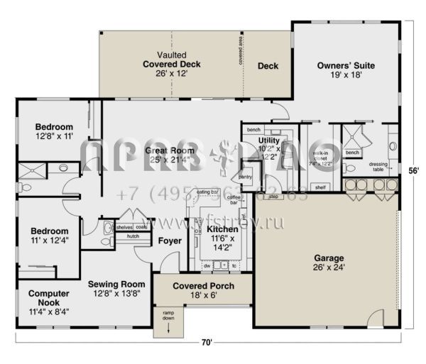 Проект одноэтажного дома с гаражом на две машины в стиле Ранчо S5-222 (035-00975)