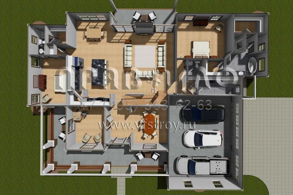 Проект двухэтажного дома с гаражом на три и более машин в стиле Ранчо S5-279 (4848-00071)