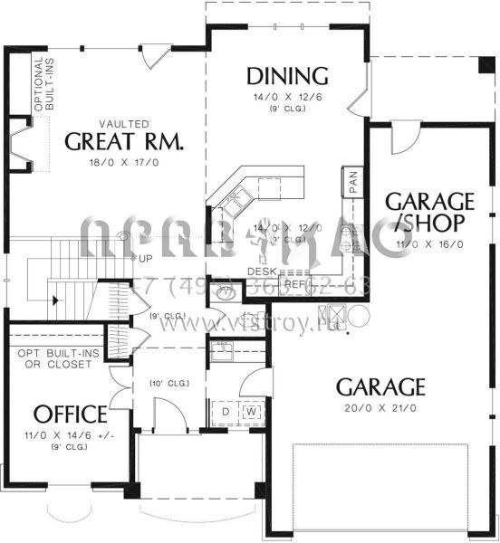Проект двухэтажного дома с гаражом на три и более машин в стиле Ранчо S5-201 (2559-00362)