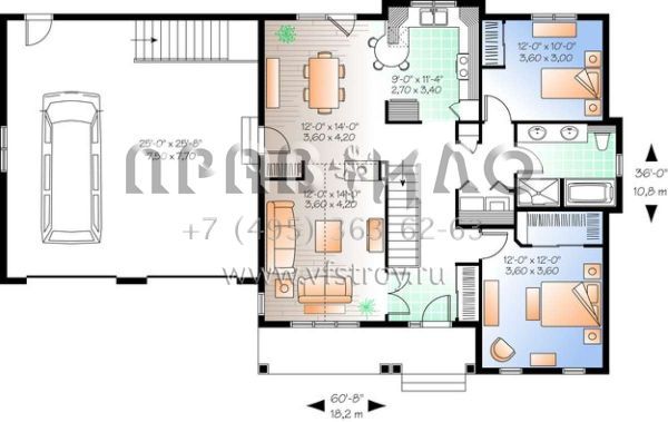 Проект одноэтажного дома с гаражом на две машины в стиле Ранчо S5-110 (034-00977)