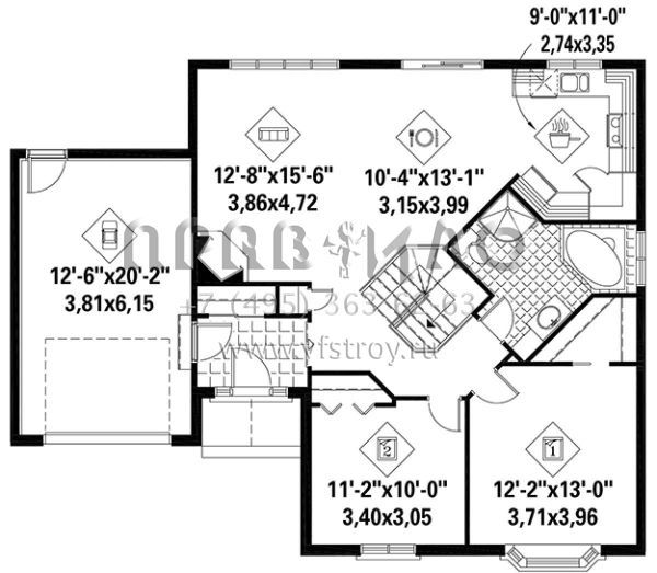 Проект одноэтажного дома с гаражом на одну машину в английском стиле S5-102 (6146-00306)