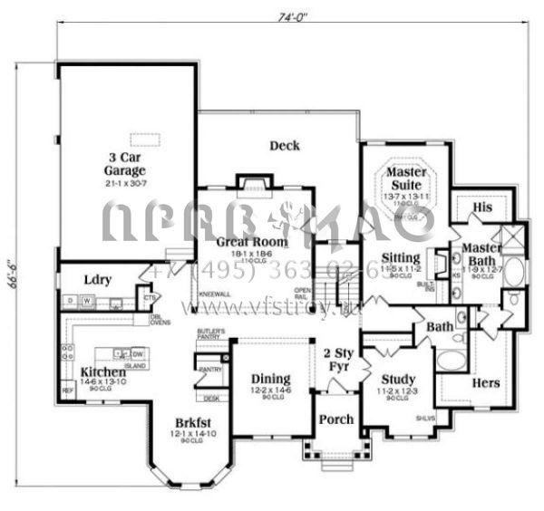 Проект двухэтажного дома с гаражом на три и более машин в стиле Ранчо S5-362 (009-00256)