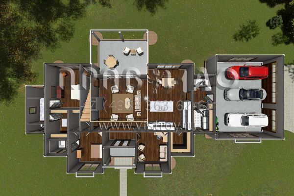 Проект двухэтажного дома с гаражом на три и более машин в стиле Ранчо S5-244 (4848-00390)