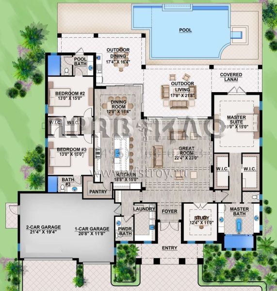 Проект одноэтажного дома с гаражом на три и более машин в прибрежном стиле S5-299 (5565-00057)