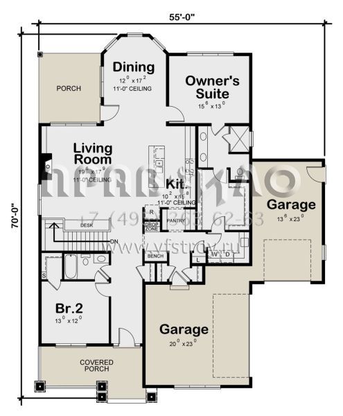 Проект одноэтажного дома с гаражом на три и более машин в стиле Ранчо S5-177 (402-01588)