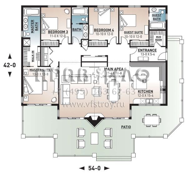 Проект одноэтажного дома без гаража в стиле Ранчо S5-199 (034-00882)