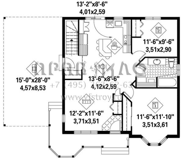Проект одноэтажного дома с гаражом на одну машину в стиле Ранчо S5-86 (6146-00259)