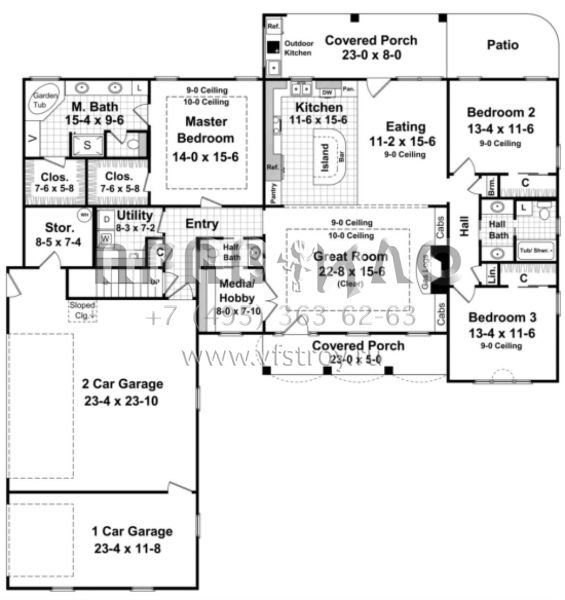 Проект одноэтажного дома с гаражом на три и более машин в стиле Ранчо S5-186 (348-00098)