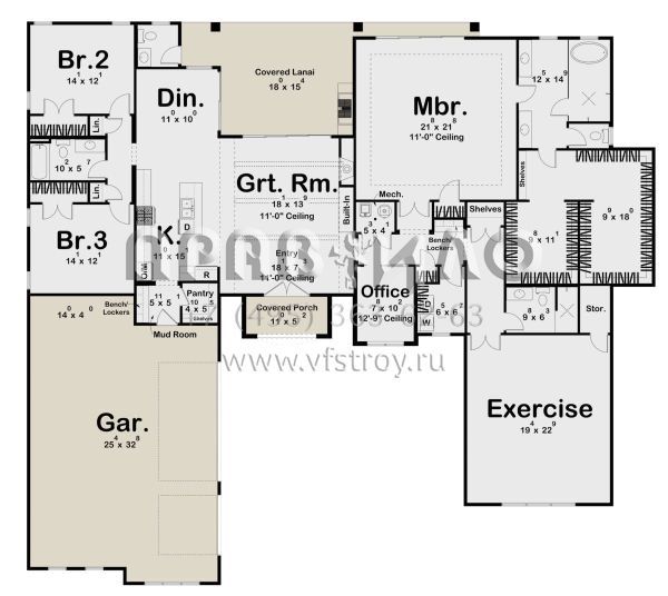 Проект одноэтажного дома с гаражом на три и более машин в прибрежном стиле S5-310 (963-00819)