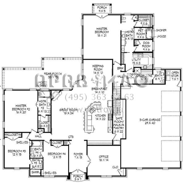 Проект двухэтажного дома с гаражом на три и более машин в стиле Ранчо S5-506 (940-00039)