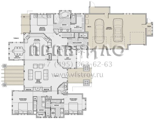 Проект двухэтажного дома с гаражом на три и более машин в стиле Шале S5-343 (5829-00007)