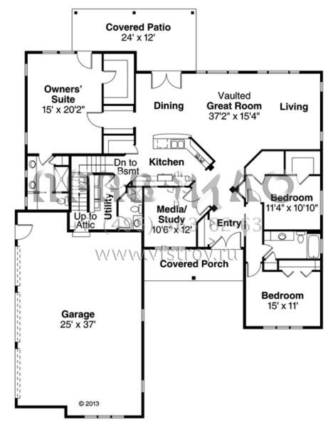 Проект одноэтажного дома с гаражом на три и более машин в стиле Ранчо S5-222 (035-00615)