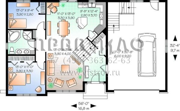 Проект одноэтажного дома с гаражом на две машины в стиле Ранчо S5-198 (034-00681)