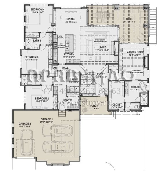 Проект одноэтажного дома с гаражом на три и более машин в американском стиле S5-250 (425-00007)
