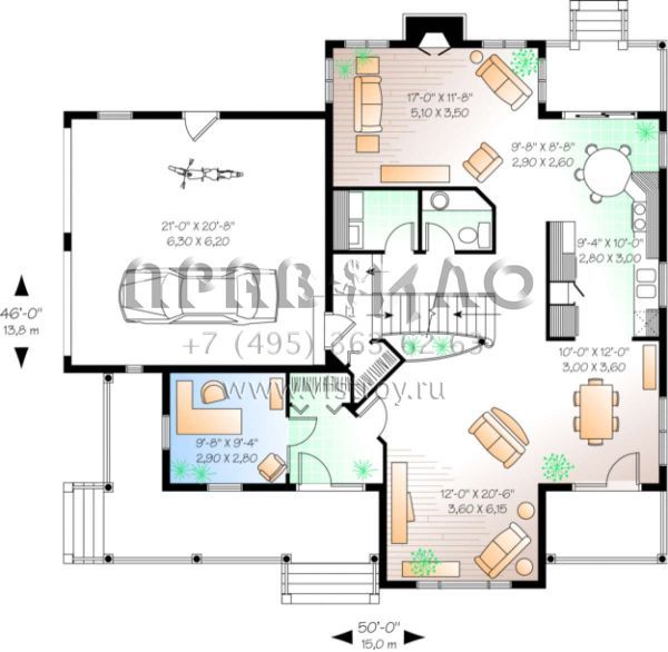 Проект двухэтажного дома с гаражом на две машины в стиле Ранчо S5-212 (034-00048)