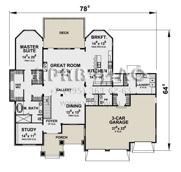 Проект одноэтажного дома с гаражом на три и более машин в стиле Ранчо S5-435 (402-01705)