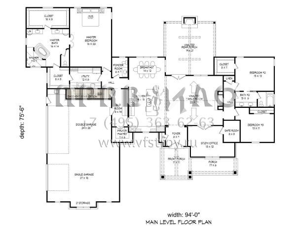 Проект одноэтажного дома с гаражом на три и более машин в стиле Ранчо S5-271 (940-00169)