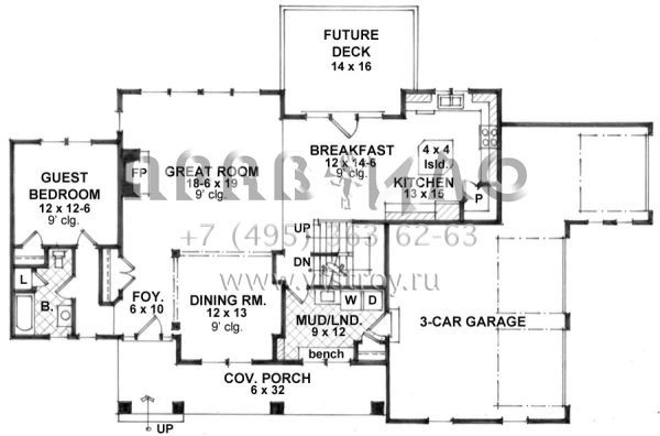 Проект двухэтажного дома с гаражом на три и более машин в стиле Ранчо S5-235 (098-00278)