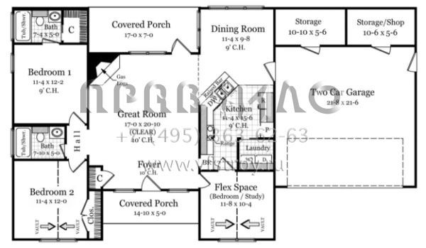 Проект одноэтажного дома с гаражом на две машины в стиле Ранчо S5-116 (348-00008)