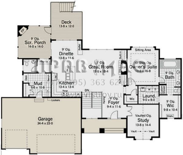 Проект одноэтажного дома с гаражом на три и более машин в американском стиле S5-178 (098-00009)