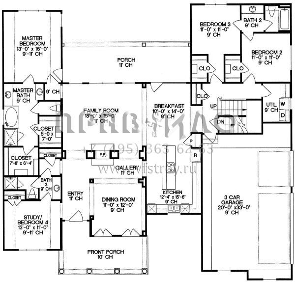 Проект одноэтажного дома с гаражом на три и более машин в стиле Ранчо S5-222 (402-01018)