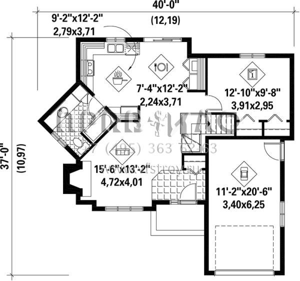 Проект одноэтажного дома с гаражом на одну машину в стиле Ранчо S5-141 (6146-00057)