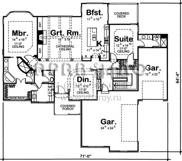 Проект одноэтажного дома с гаражом на три и более машин в американском стиле S5-201 (963-00298)