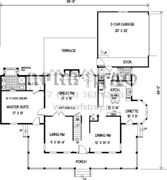 Проект двухэтажного дома с гаражом на две машины в стиле Ранчо S5-215 (033-00014)
