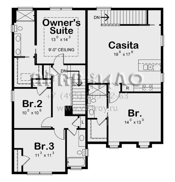 Проект двухэтажного дома с гаражом на две машины в стиле Ранчо S5-241 (402-01596)