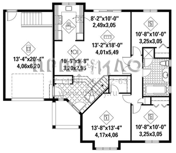 Проект одноэтажного дома с гаражом на одну машину в стиле Ранчо S5-115 (6146-00295)