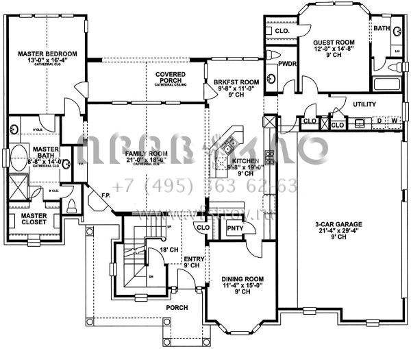 Проект двухэтажного дома с гаражом на три и более машин в стиле Ранчо S5-245 (402-00992)